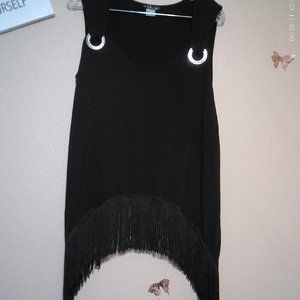 Black Fringe Sleeveless Rounded V Neckline Arched Hemline Top SZ L by Venus